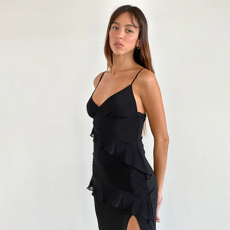 Damen elegantes Wickelkleid mit Rüschen und hohem Schlitz Drune