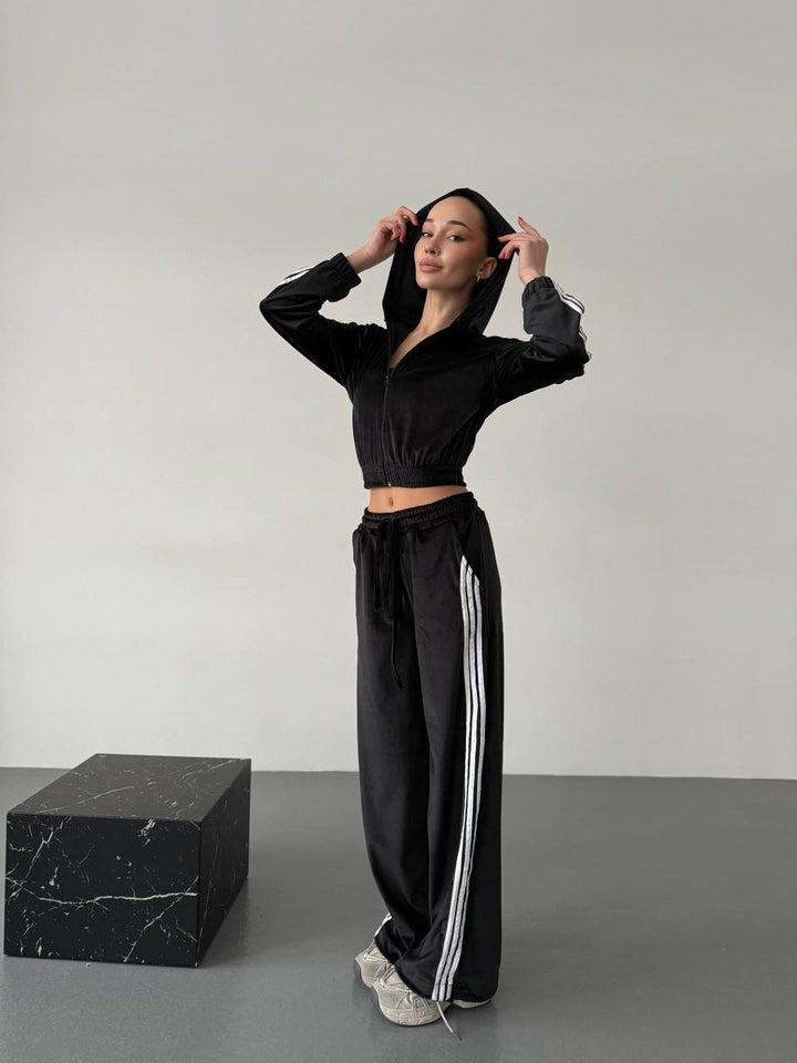 Damen Retro-Samt Trainingsanzug mit seitlichen Streifen, hochgeschnittener Bund und Reißverschluss Drune