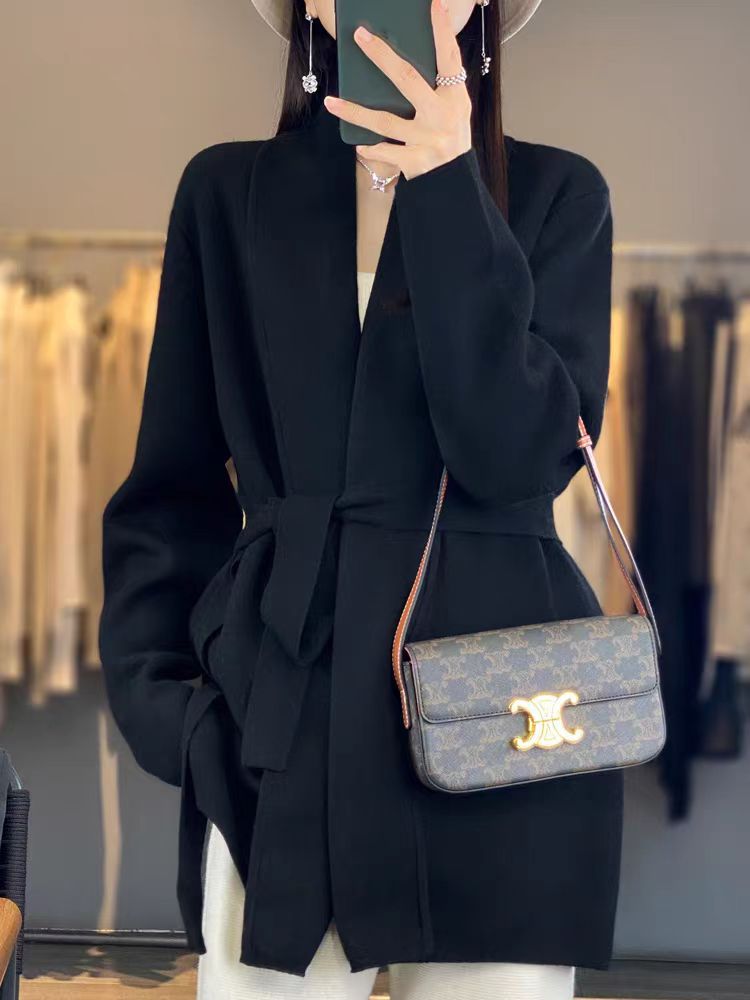 Damen modische lange Strickjacke mit Gürtel und lässigem Schnitt Drune