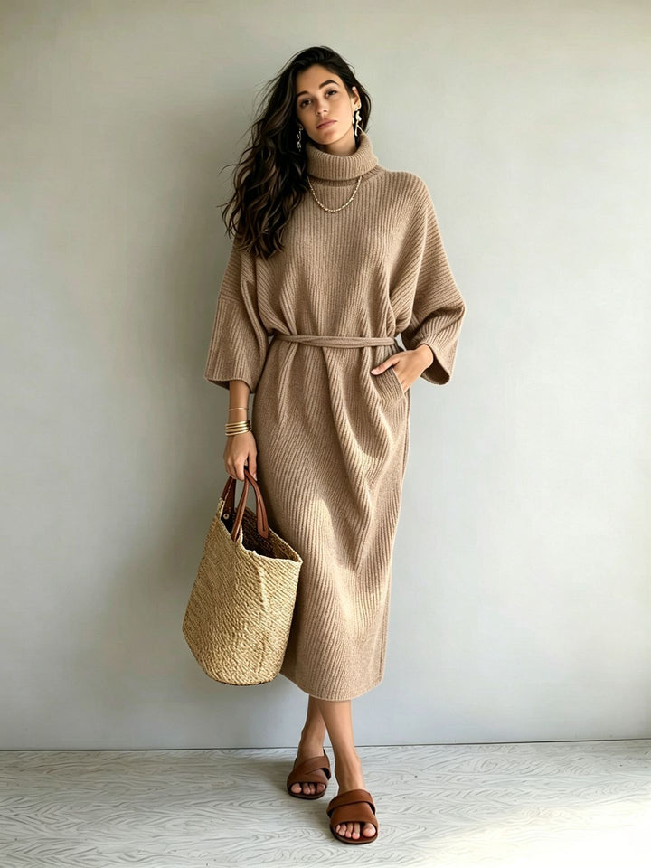 Damen Midilanges Rippenstrickkleid mit Rollkragen, Dreiviertelärmeln und Bindegürtel Drune