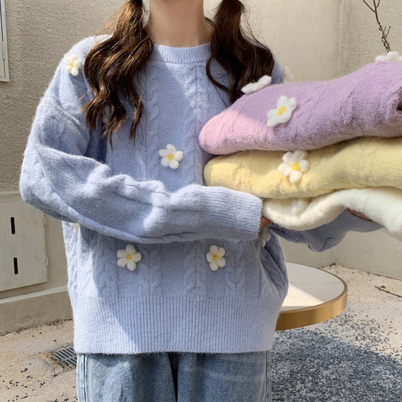 Damen Modischer Grobstrickpullover mit Blumenapplikationen Drune