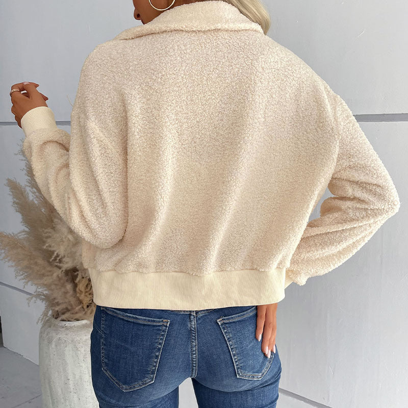 Damen Teddyjacke mit Reißverschluss, Stehkragen und Rippbündchen Drune