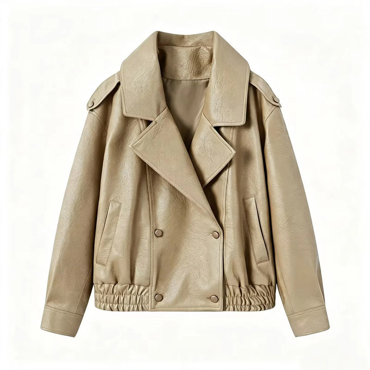 Damen nan cropped zweireihiger Kunstleder-Blouson mit breitem Revers und elastischem Saum Drune