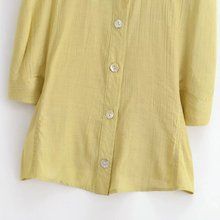 Damen Leichtes Crinkle-Blusen-Shirt mit Knopfleiste und gerafften Ballonärmeln Drune