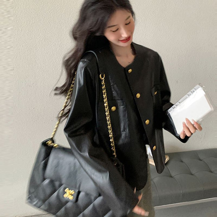Damen Kunstlederjacke mit goldenen Knöpfen Drune
