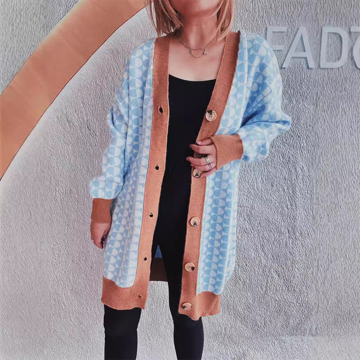 Damen lässiger Strickcardigan mit modernem geometrischem Muster und praktischen Taschen Drune