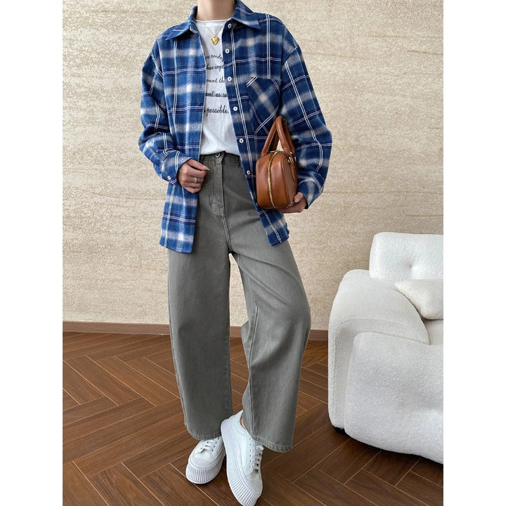 Damen Karierter Flanell-Hemdjacke mit leichtem Oversized-Schnitt Drune