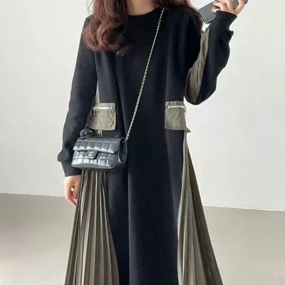 Damen Langes Oversize-Sweatkleid mit Rundhalsausschnitt, plissierten Seiteneinsätzen und Eingrifftaschen Drune