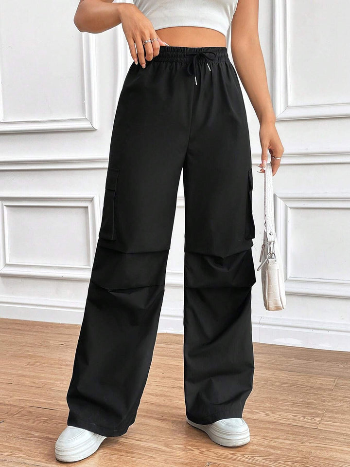 Damen Weite High‑Waist Cargo‑Hose mit Elastikbund und großen Klappentaschen Drune