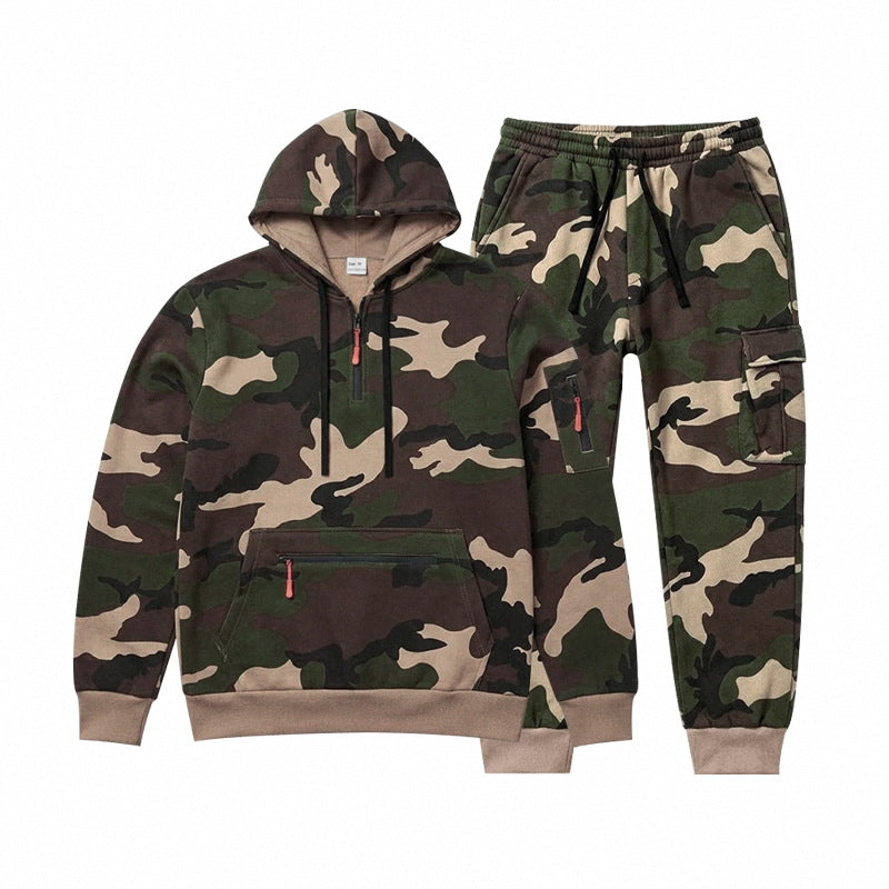 Herren Camouflage Kapuzensweatshirt- und Jogginghose Set mit Cargo-Taschen und Reißverschlüssen Drune