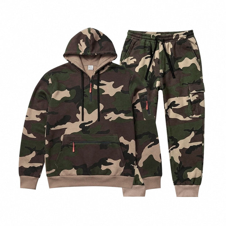 Herren Camouflage Kapuzensweatshirt- und Jogginghose Set mit Cargo-Taschen und Reißverschlüssen Drune