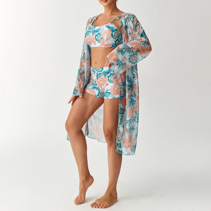 Damen Badeanzug Set mit floralem Oberteil und transparentem Strandüberwurf Drune