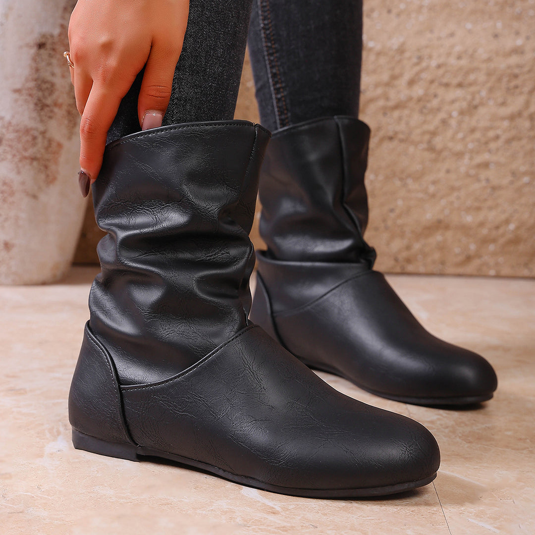 Damen nan weiche Slouch-Stiefel mit flacher Laufsohle und gerafftem Schaft Drune