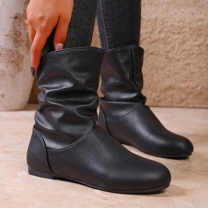 Damen nan weiche Slouch-Stiefel mit flacher Laufsohle und gerafftem Schaft Drune
