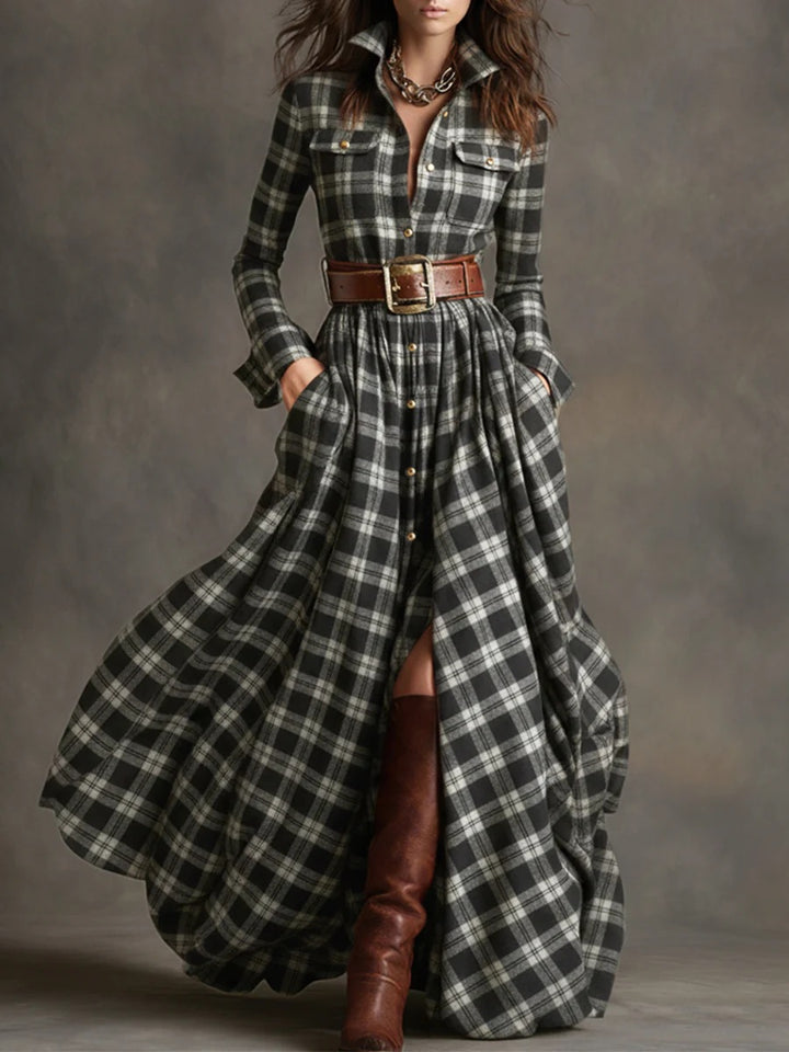 Damen nan karierte Maxikleid Hemdblusenkleid mit ausgestelltem Rock und breitem Taillengürtel Drune
