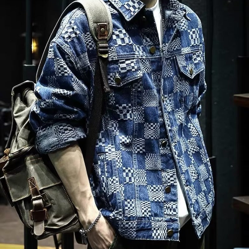 Herren Modische Denimjacke mit einzigartigem Karomuster Drune