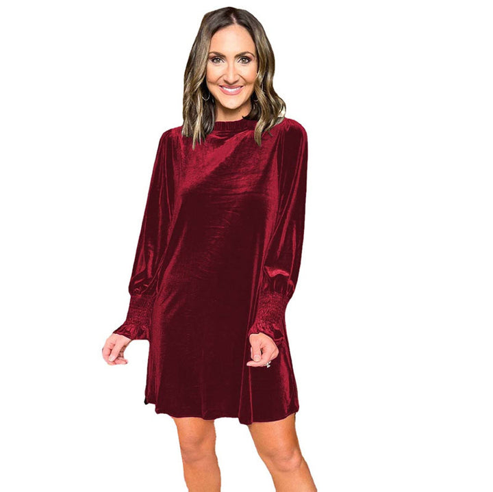Damen Samt-Minikleid mit Stehkragen und gerafften Smokärmeln Drune