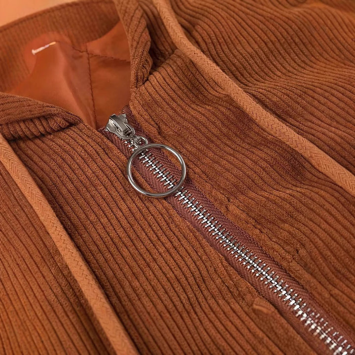 Damen Kurz geschnittene Cordjacke mit Kapuze, Teddyfutter und durchgehendem Reißverschluss Drune