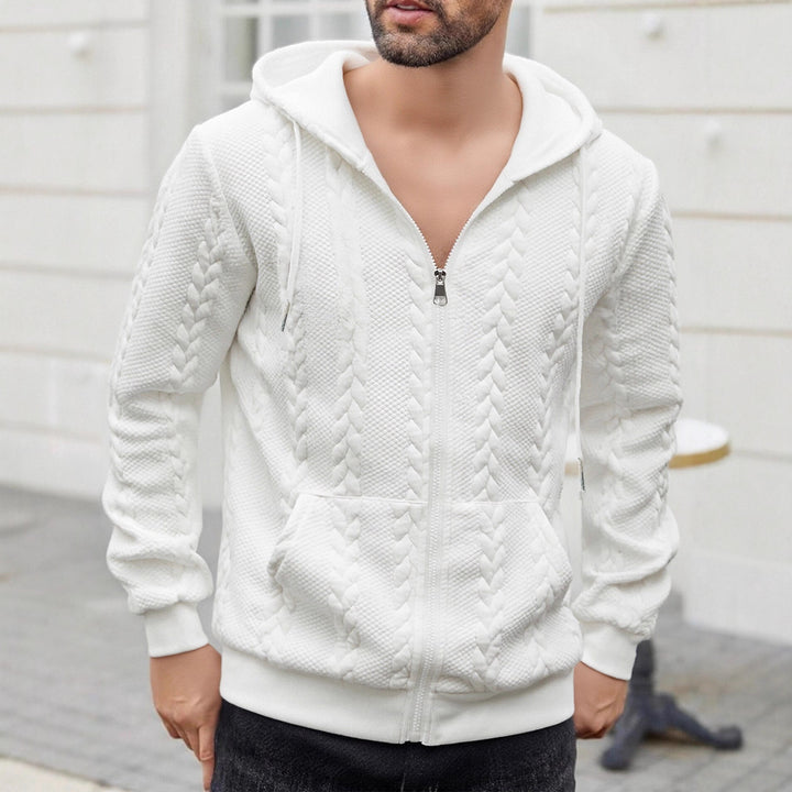 Herren strukturierte Kapuzen-Sweatjacke mit Zopfmuster, durchgehendem Reißverschluss und Kängurutasche Drune
