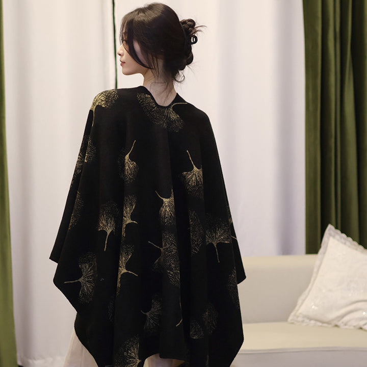 Damen Oversize‑Wickelcape aus jacquardgestricktem Wollmix mit Pusteblumenmuster Drune