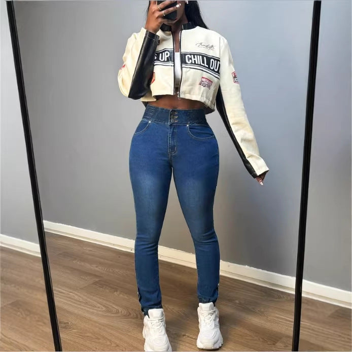 Damen Hochtaillierte formende Skinny-Jeans mit doppeltem Bundverschluss und verstellbarem Knöchel-Tunnelzug Drune