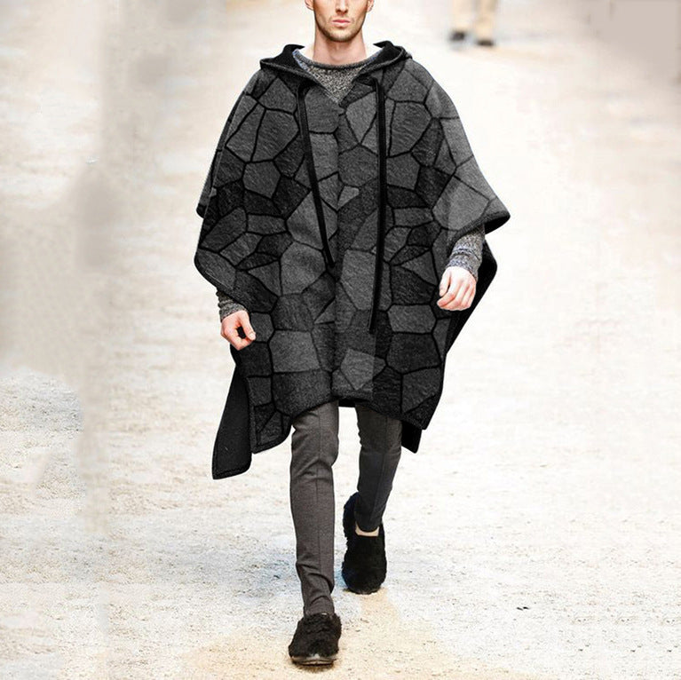 Herren Oversized Kapuzenponcho aus Strick mit geometrischem Mosaikmuster Drune