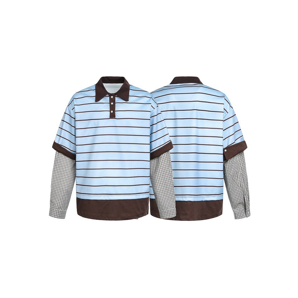 Herren Lagenlook-Polo mit Streifen, Kontrastkragen und karierten Einsatzärmeln Drune