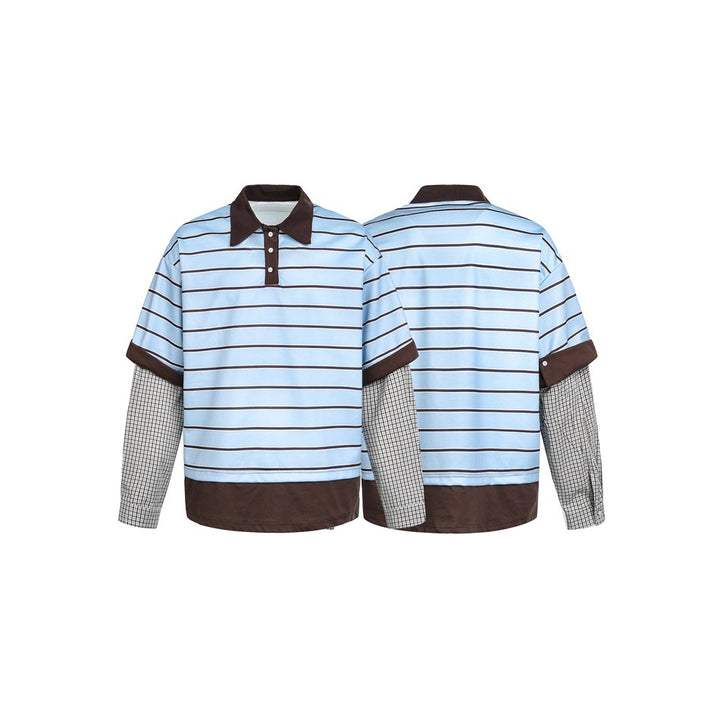 Herren Lagenlook-Polo mit Streifen, Kontrastkragen und karierten Einsatzärmeln Drune