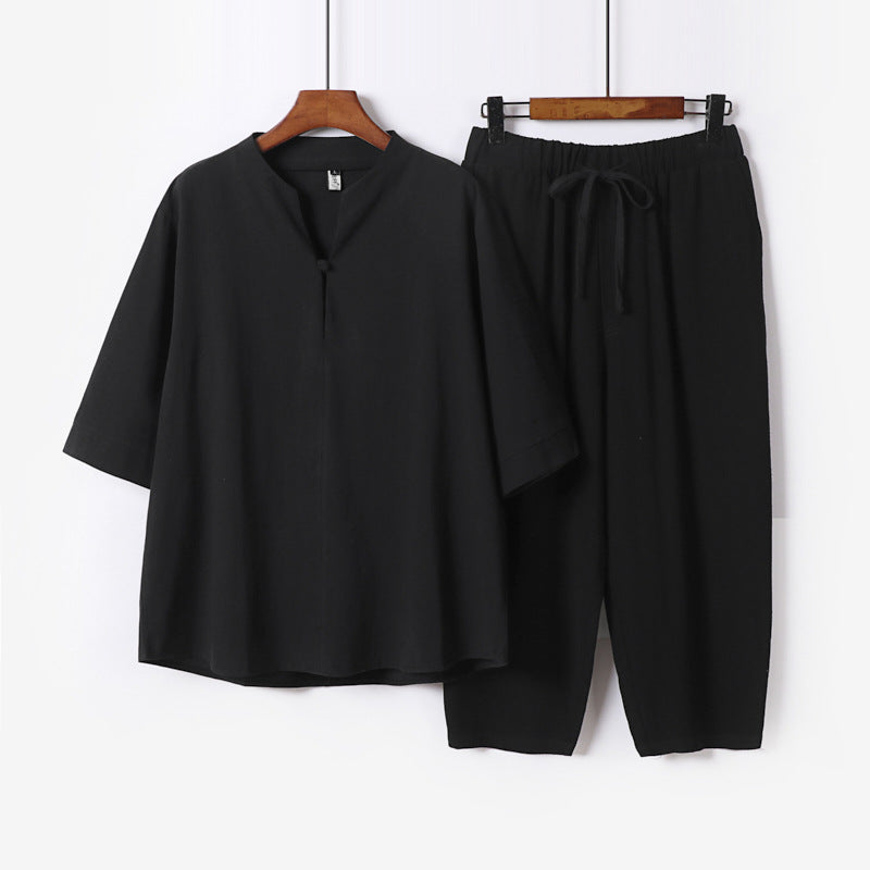 Damen Leichtes Leinen-Baumwoll-Loungewear-Set mit Stehkragen, Dreiviertelärmeln und Gummizugbundhose Drune