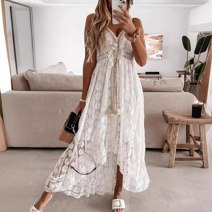 Damen luftiges Maxikleid mit kunstvoller Spitze und Rüschendetails Drune
