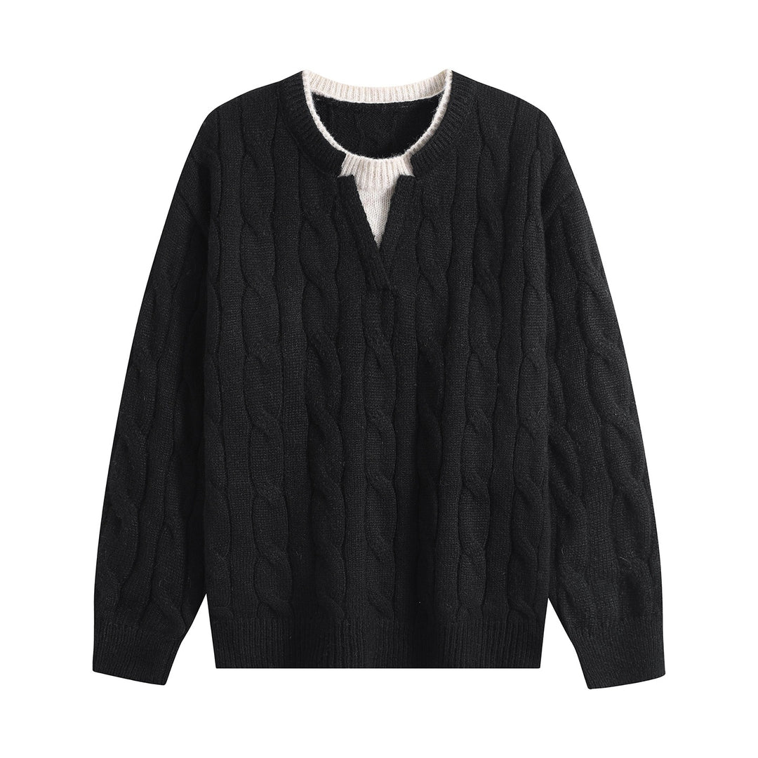 Damen Oversize Zopfmuster-Pullover mit V‑Schlitzkragen Drune