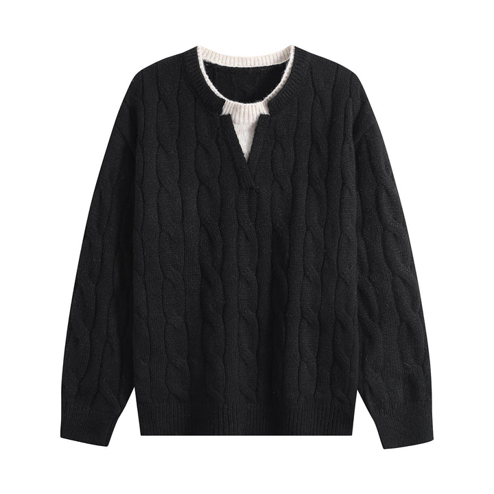 Damen Oversize Zopfmuster-Pullover mit V‑Schlitzkragen Drune