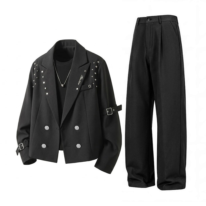 Herren Kurzblazer-Jacke im Rockigen Biker‑Look mit Nietenbesatz, Doppelreiher & Ärmel-Schnallen Drune
