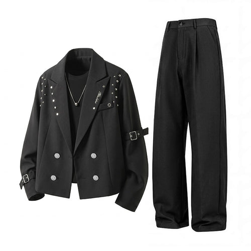 Herren Kurzblazer-Jacke im Rockigen Biker‑Look mit Nietenbesatz, Doppelreiher & Ärmel-Schnallen Drune