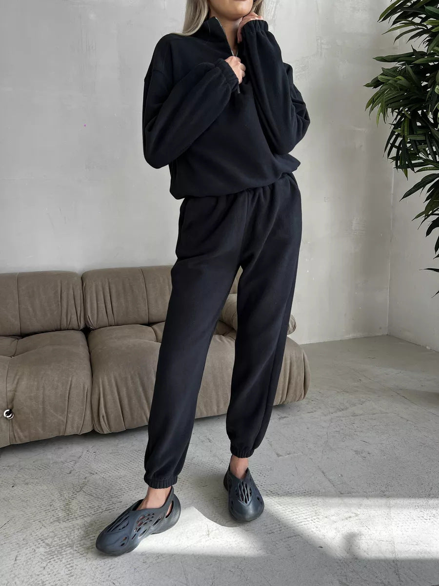 Damen lässiges Fleece-Jogginganzug Set mit Stehkragen und halbhohem Reißverschluss Drune