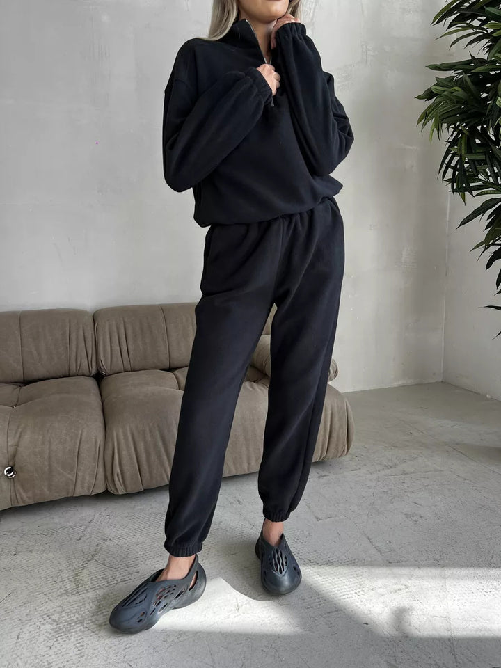 Damen lässiges Fleece-Jogginganzug Set mit Stehkragen und halbhohem Reißverschluss Drune