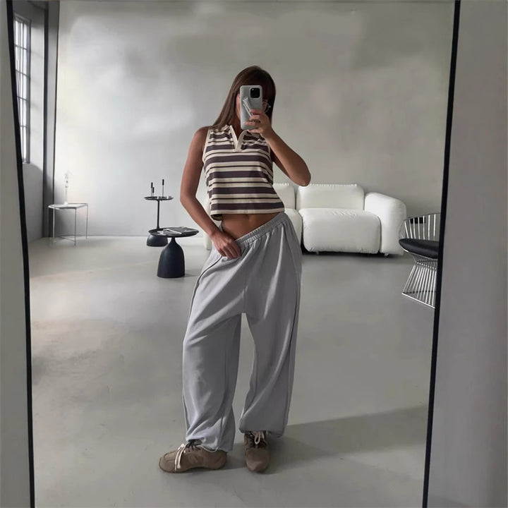 Damen locker sitzende High-Waist Sweatpants mit weitem Bein und elastischem Bund Drune