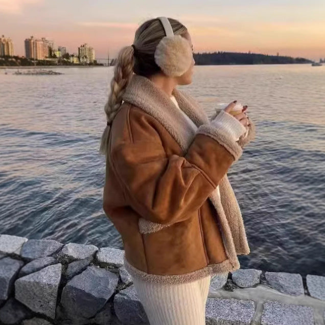 Damen kuschelige Jacke mit modernem Schalkragen und Taschen Drune