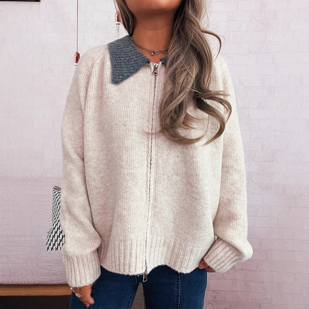 Damen lässige Strickjacke mit kontrastierendem Kragen und durchgehendem Reißverschluss Drune