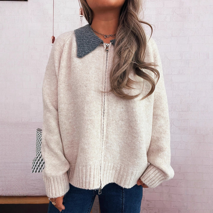 Damen lässige Strickjacke mit kontrastierendem Kragen und durchgehendem Reißverschluss Drune