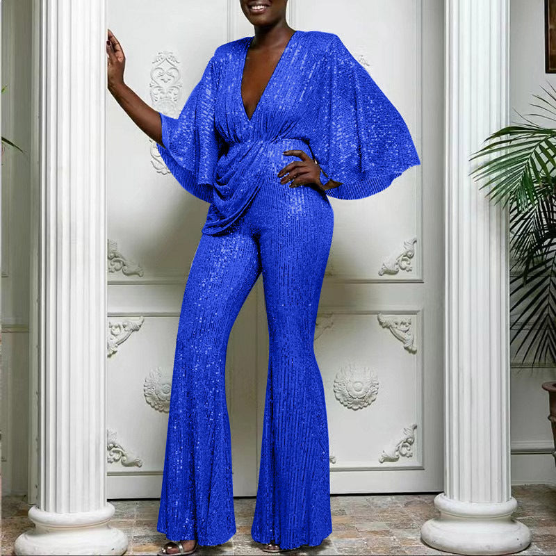 Damen Glitzerndes Jumpsuit mit weiterem Ärmel und tiefem V-Ausschnitt Drune