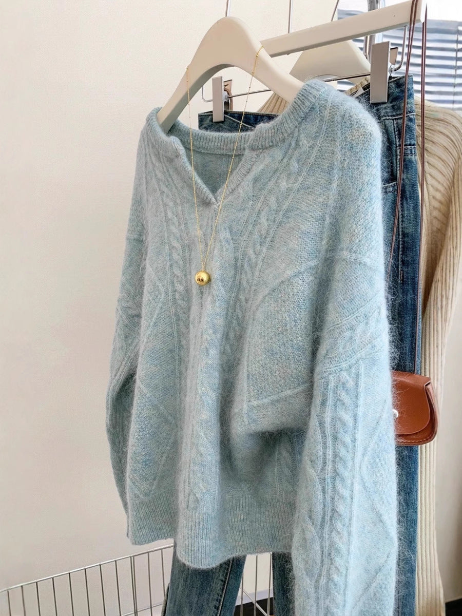 Damen Oversize Mohair-Optik Zopfmusterpullover mit V‑Ausschnitt und überschnittener Schulter Drune