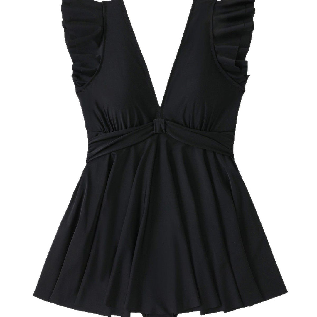 Damen Strandkleid mit leichtem V-Ausschnitt und voluminösen Rüschendetails Drune