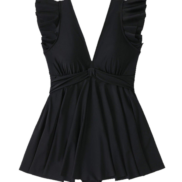 Damen Strandkleid mit leichtem V-Ausschnitt und voluminösen Rüschendetails Drune