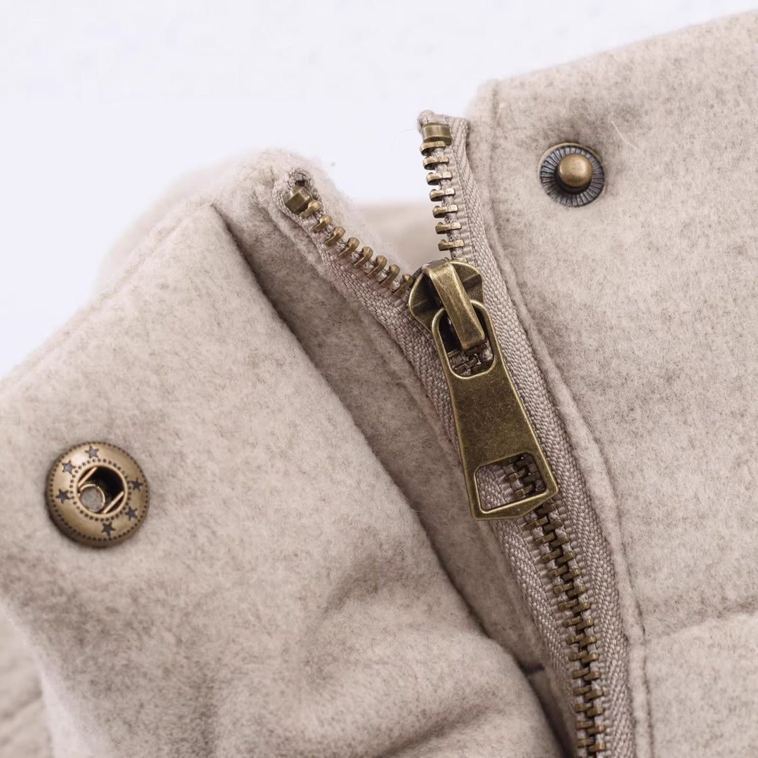 Damen Kurze wattierte Wollmix-Übergangsjacke mit hohem Stehkragen und verdeckter Druckknopfleiste Drune