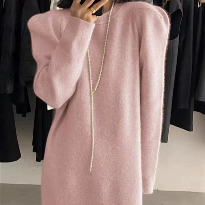 Damen elegantes Strickkleid mit Puffärmeln und Rundhalsausschnitt Drune