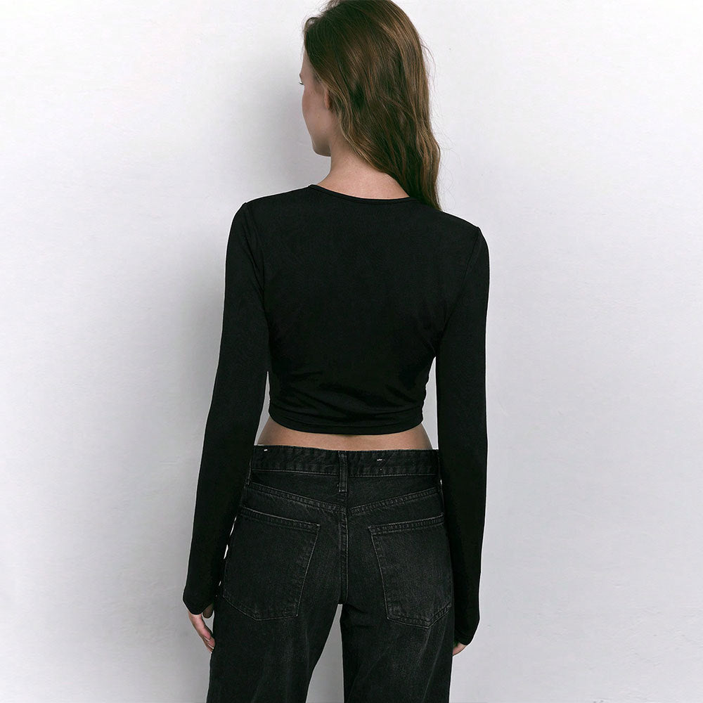 Damen cropped Langarmshirt mit modischem Cut-Out und dekorativen Ringdetails Drune