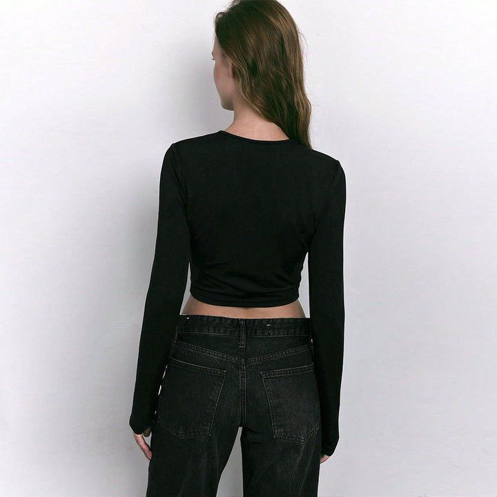 Damen cropped Langarmshirt mit modischem Cut-Out und dekorativen Ringdetails Drune