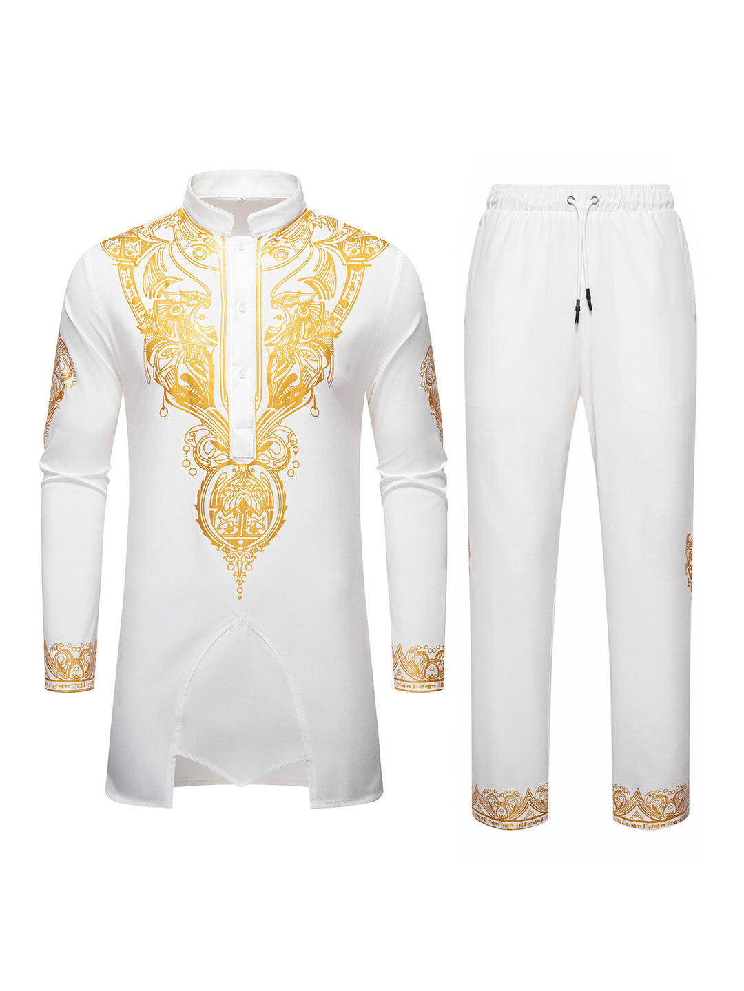 Herren Ornamentales Tunika-Set mit Stehkragen, Halbknopfleiste und goldverziertem Print Drune
