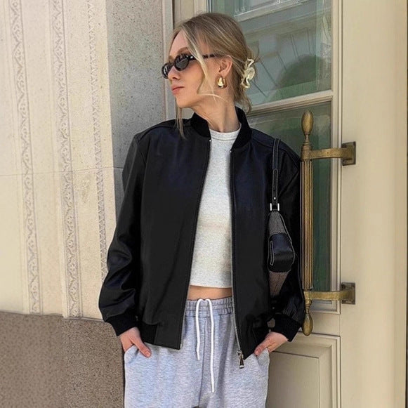 Damen Modische Bomberjacke aus weichem Kunstleder mit elastischen Bündchen Drune